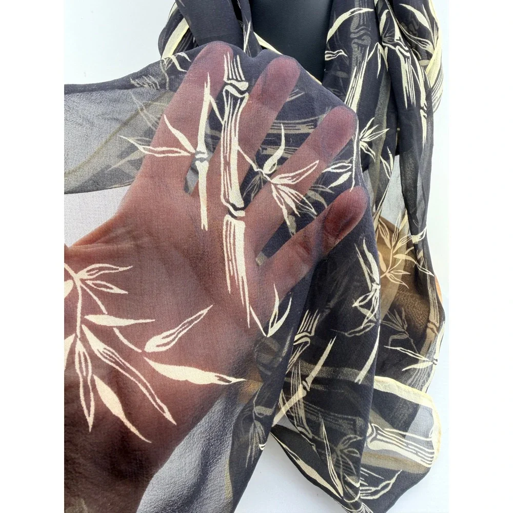 Vintage Sheer Black & Cream Bamboo Print Long Scarf Chiffon Zen Dark Academia